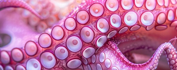 Fototapeta premium Close-up on the pink octopus arm in the ocean with suckers and vibrant color