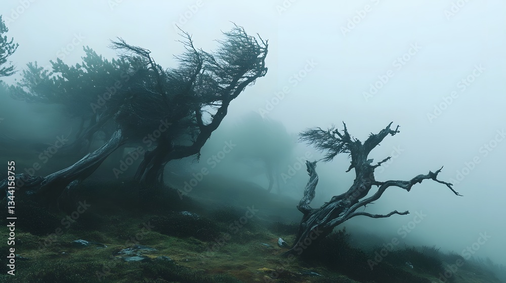 Poster gnarled trees in foggy landscape with mysterious atmosphere