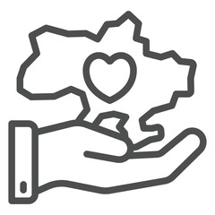 Ukraine country in hand line icon, stop war concept. Vector graphics. Borders of Ukraine with heart shape sign on white background, outline style icon for mobile or web design.