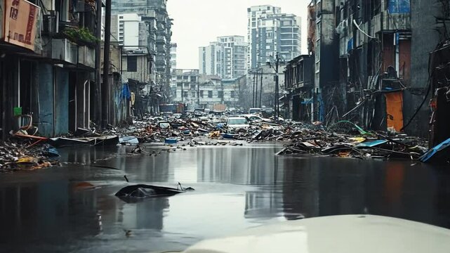 City Devastation: A desolate cityscape reveals the aftermath of a disaster, with flooded streets and rubble-strewn buildings, conveying a sense of loss, resilience, and the impact of urban challenges.