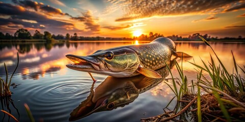 Fototapeta premium Majestic Northern Pike: Long Exposure Lake Catch, Sweden