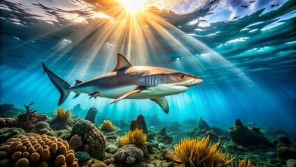 Fototapeta premium Majestic Ocean Predator: Shark in its Deep Blue Realm