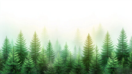 Fototapeta premium serene watercolor illustration of lush pine forest, showcasing tall evergreen trees shrouded mist. soft green hues create tranquil atmosphere, inviting sense of peace and connection with nature