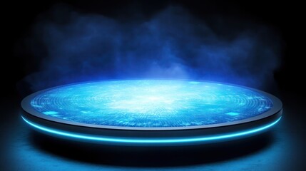 Futuristic circular platform with glowing blue light, smoke background