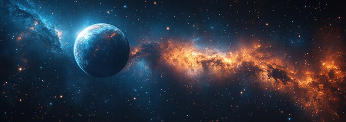 Obraz premium Glowing Planet and Moon in a Starry Galaxy with Vibrant Nebulae