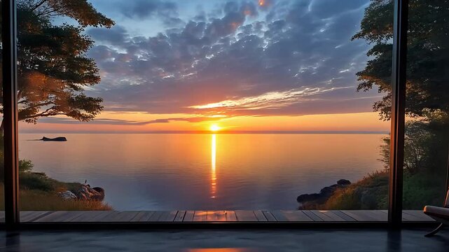 Scenic Lake View with Sunset and Trees Through Glass Window

