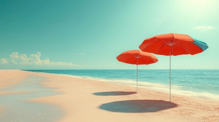 Tropical Beach Scene with Vibrant Umbrellas and Retro Flat Design
