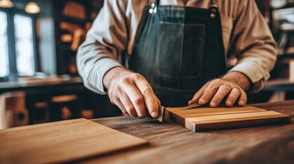 Skilled artisan meticulously shaping wooden pieces in a workshop filled with tool and materials