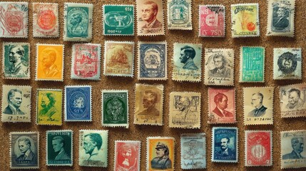 Vintage postage stamps collection on cork board, historical portraits