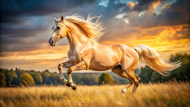 Majestic Palomino Akhal Teke Stallion Leaping Across Summer Field - Panoramic Stock Photo