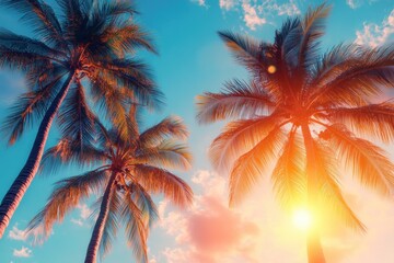 Vibrant Tropical Palm Tree Under Sunset Sky with Clouds and Light Orange Lens Flare