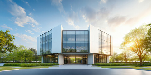 Obraz premium modern office building exterior featuring large glass windows and sleek design, surrounded by lush greenery and bright sky. structure exudes sense of innovation and professionalism, ideal for