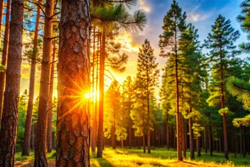 Fototapeta premium Majestic Pine Trees: Scenic Nature Background with Copy Space for Text