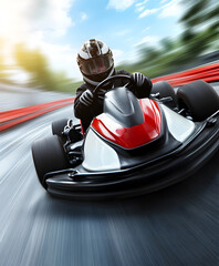 A go-kart making a sharp turn at high speed, with a focused young driver trying to beat the clock.

