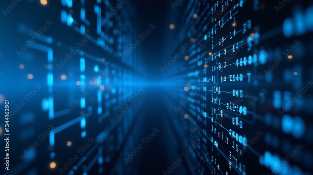 Poster cybernetic data stream: captivating digital display showcases intricate data streams and complex cir