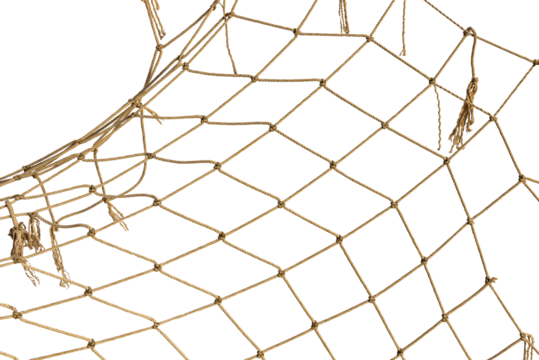 Torn Football or tennis net. Rope mesh on a white background close-up