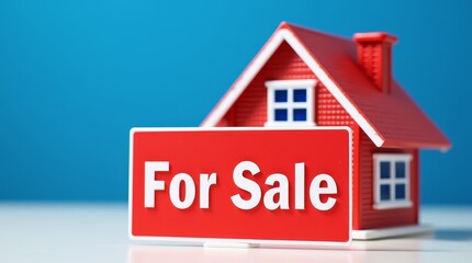 Dream Home on the Market: A charming miniature house model with a vibrant "For Sale" sign against a rich blue backdrop, symbolizing real estate opportunities and the dream of homeownership.