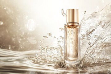 Luxury Serum Bottle in Water Splash Elegant Cosmetic Product Mockup