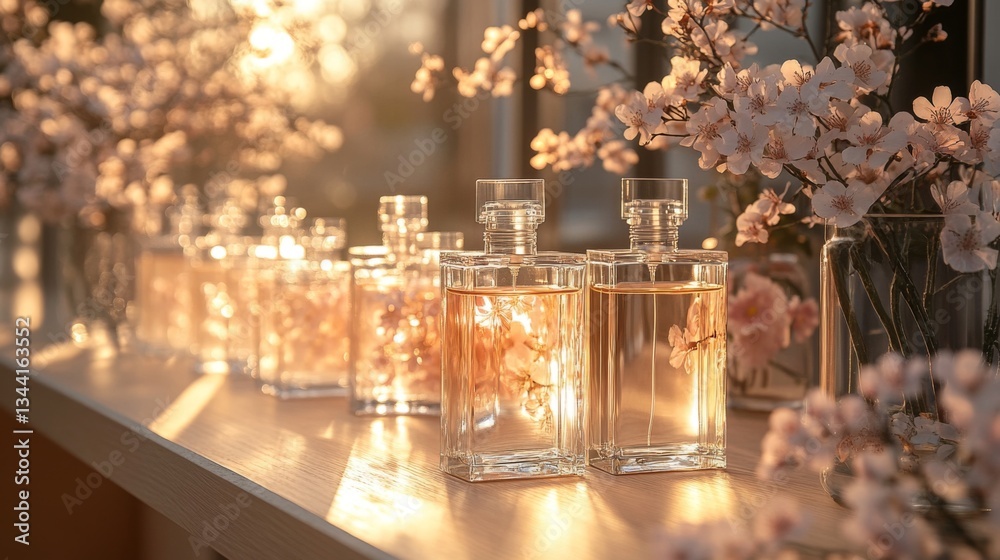 Poster glass bottles filled with fragrant liquids are arranged along a warm, sunlit surface, surrounded by 