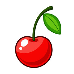 Red cherry isolated on white background. Cartoon style. Vector illustration.