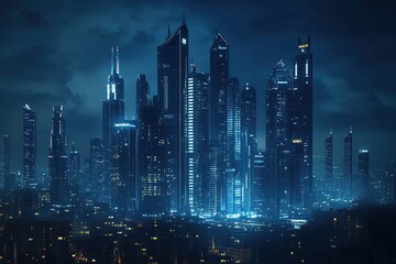 Futuristic Cityscape at Night Illuminated Skyscrapers and Urban Skyline