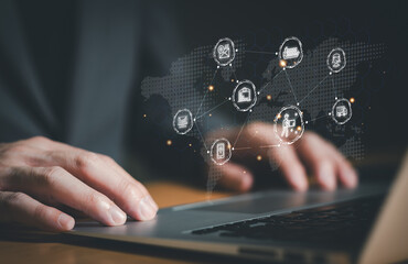 Business person point and manage online e-commerce business logistic supply chain in digital online dashboard. Global worldwide logistic management for online shopping with warehouse inventory