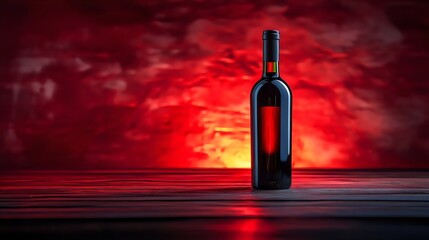 A bottle of red wine is sitting on a wooden table