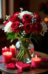 Fototapeta premium Romantic bouquet of red and white roses with candles and hearts