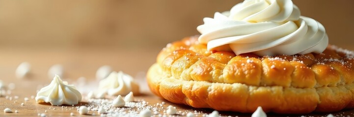 Whipped cream dollops scattered across a golden-brown pastry, golden, crispy, treat