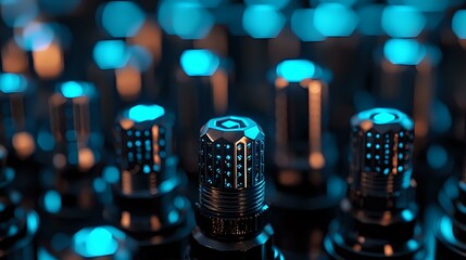 Professional audio mixing console faders and knobs in blue stage lighting, creating moody atmosphere for music production and sound engineering background.