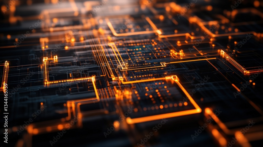 Poster close-up view of an intricate digital circuit board showcasing glowing orange pathways and interconn