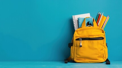 Bright Yellow Backpack with School Supplies on a Vibrant Blue Background