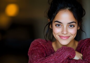 Young Hispanic woman with natural makeup and messy bun hairstyle wearing burgundy sweater smiles warmly at camera in soft ambient lighting, creating welcoming atmosphere.