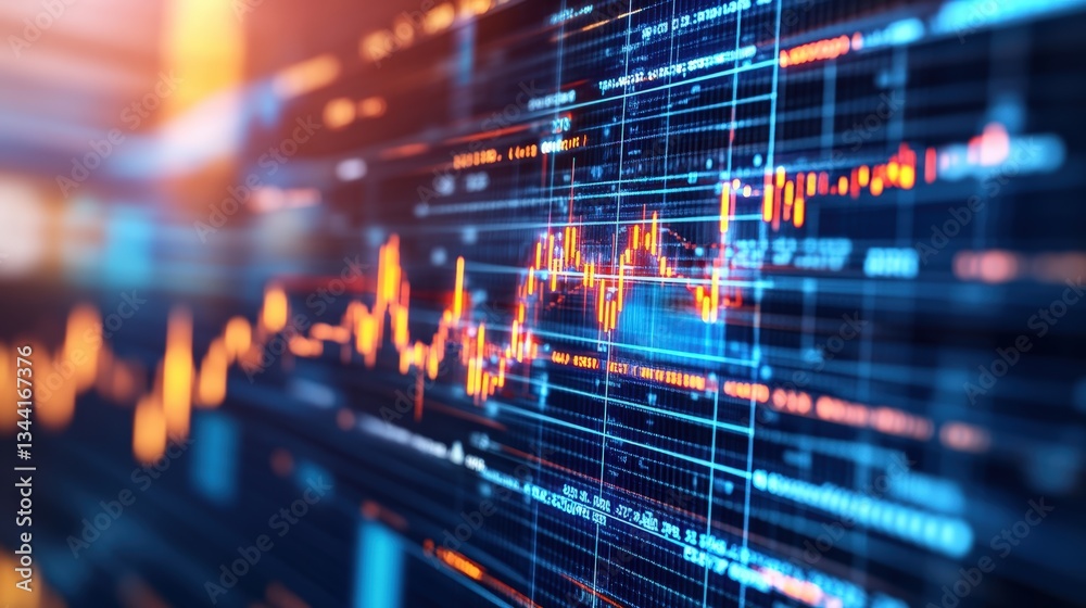 Poster abstract close-up of dynamic financial data display on digital screen featu stock market graph in or
