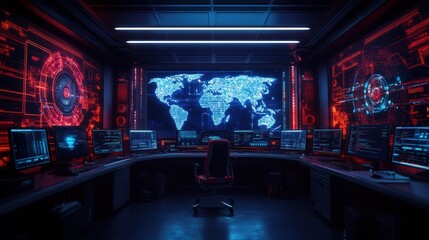 Futuristic command center with large glowing world map screen, high-tech monitors, advanced displays, and dim lighting for a high-tech atmosphere