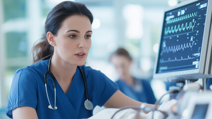 Fototapeta premium focused female healthcare professional in blue scrubs monitors patient vital signs on medical device, showcasing dedication and expertise in clinical environment