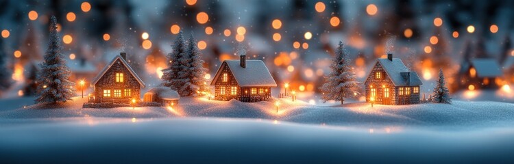 Cozy Christmas Winter Village with Snow Covered Houses and Warm Glowing Lights in a Dreamy Landscape