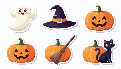 halloween sticker set includes ghost hat broom black cat pumpkin designs suitable cards posters stickers flat cartoon