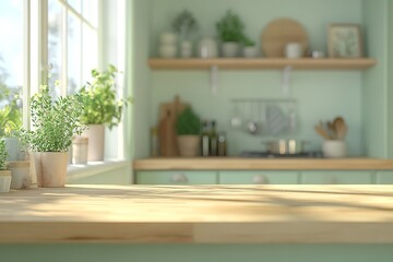 Sunny Kitchen Countertop Mockup Wooden Table with Herbs and Green Cabinets