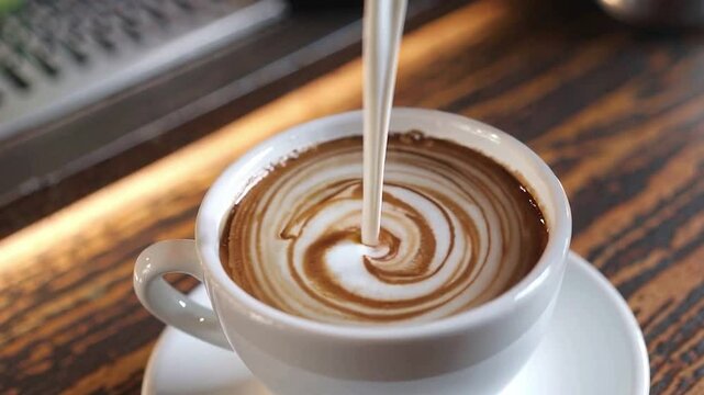 Pouring milk in a cup of coffee to prepare cappuccino.