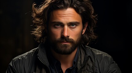 Obraz premium Intense Gaze: A Portrait of a Man with Long Hair and Beard