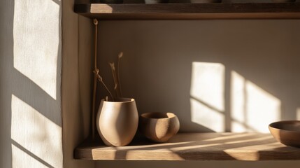 Wooden shelf attached to the wall with a few decorative items on it. on the left side of the shelf, there is a small vase with dried plants in it.