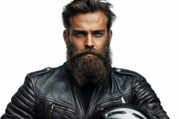 Obraz premium A rugged middle-aged Caucasian man with a beard, wearing a leather jacket, holds a motorcycle helmet, exuding a cool and confident vibe.