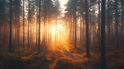 Fototapeta premium Sun rays through misty pine forest at dawn.