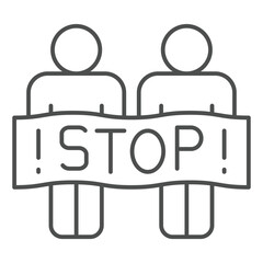 Obraz premium People with stop text poster thin line icon, stop war concept. Vector graphics. Humans with protest paper banner sign on white background, outline style icon for mobile or web design.