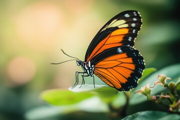 Fototapeta premium A beautiful butterfly resting delicately on a green leaf gracefully