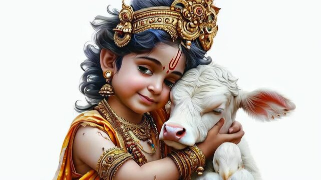 Tender Embrace of Krishna: Boy dressed as Lord Krishna in traditional Indian attire tenderly hugging a calf, love, beauty and serenity