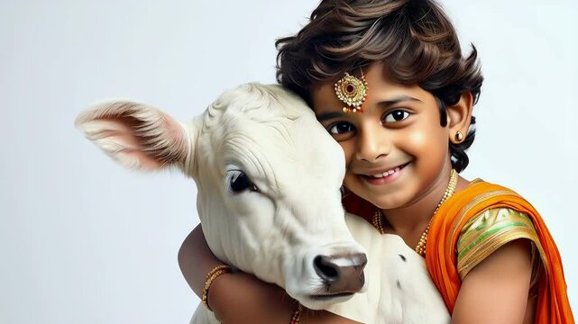 Tender Embrace of Krishna: Boy dressed as Lord Krishna in traditional Indian attire tenderly hugging a calf, love, beauty and serenity