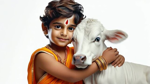 Tender Embrace of Krishna: Boy dressed as Lord Krishna in traditional Indian attire tenderly hugging a calf, love, beauty and serenity
