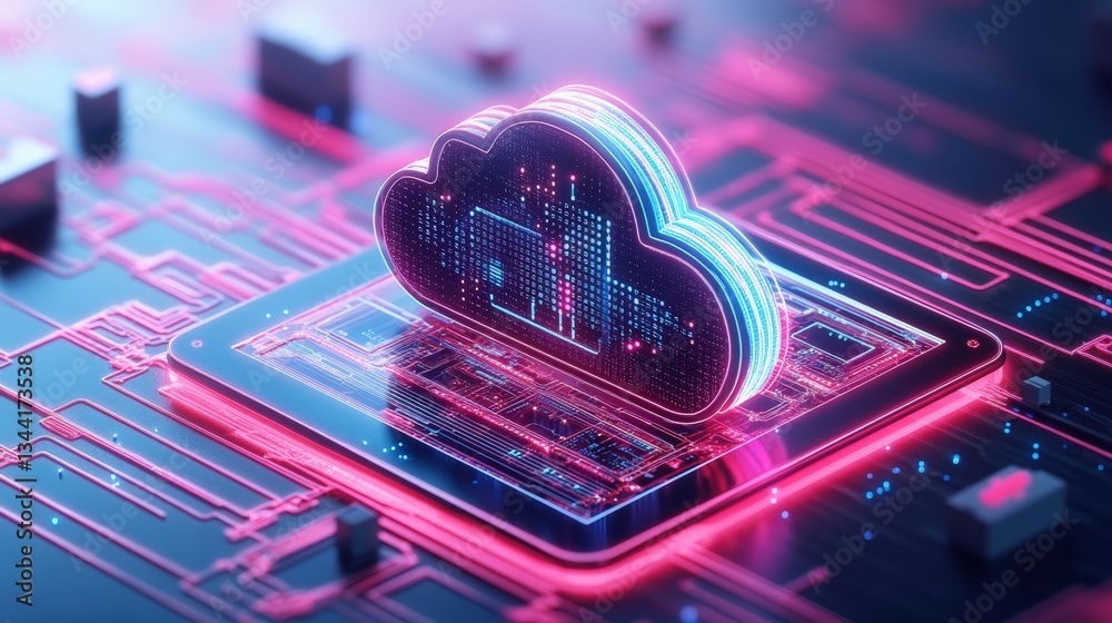 Poster a stylized digital rende of a glowing cloud icon made of data points resting atop a circuit board il